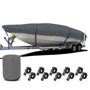 V-Hull Boat Cover, Semi-Custom 3-Layer 600D Polyester Waterproof Fade-Proof Reinforced Stress Points, 20'-22', Trailerable Mooring Fits Tri-Hull Fishing Ski Pro-Style Bass Runabout (Gray)