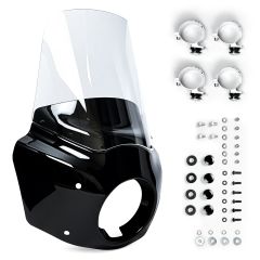 Windshield Headlight Fairing Kit for Harley Davidson Dyna and Softail Models, Glossy Black and Clear Windscreen