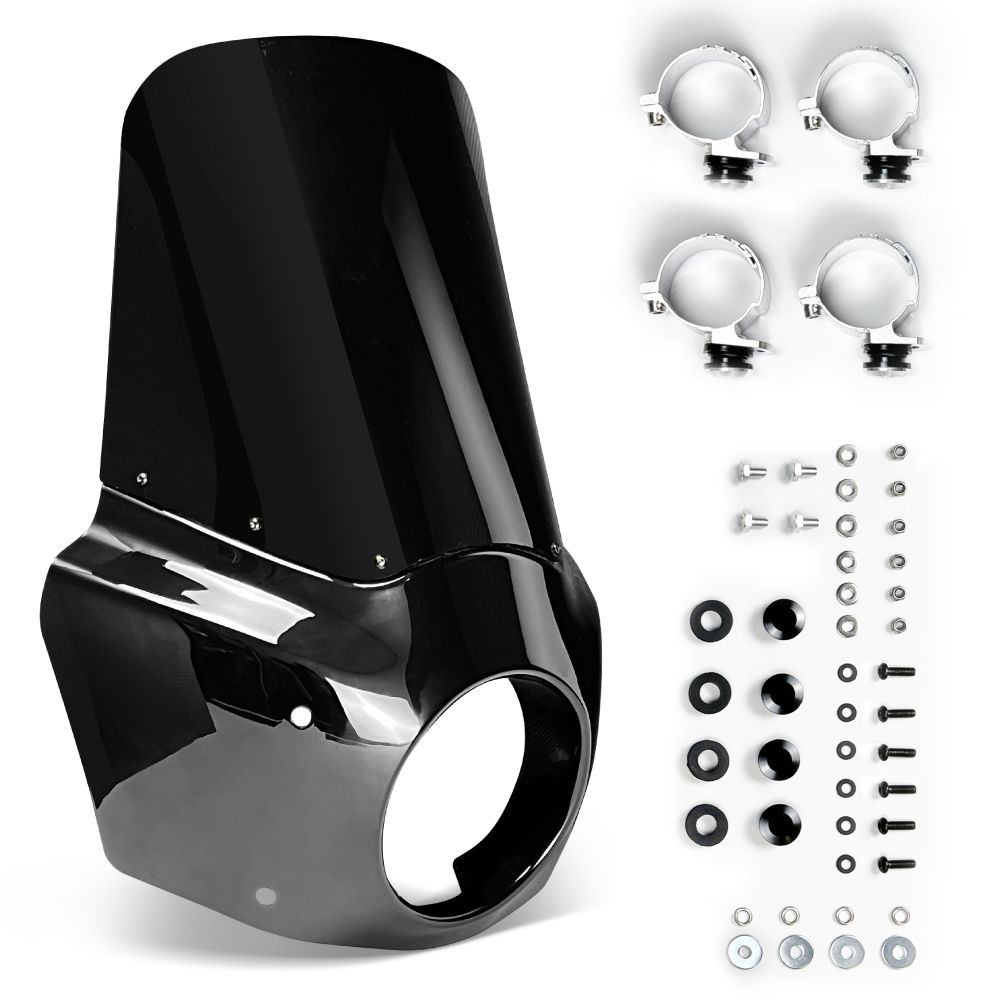 Windshield Headlight Fairing Kit for Harley Davidson Dyna and Softail Models Glossy Black and Blackout Windscreen
